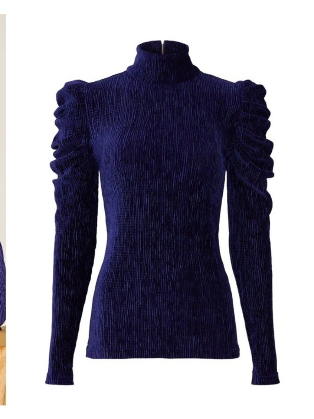 PatBO Blue Velvet Turtleneck Top Size L Long Sleeve Ruched Designer Party Blouse
